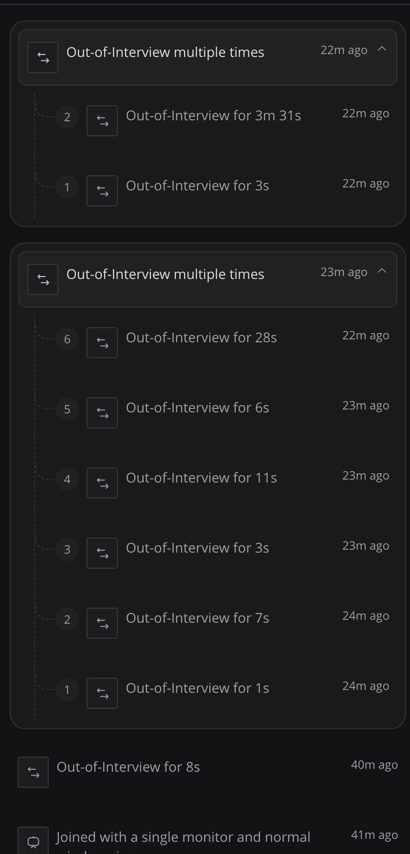HackerRank proctoring log showing Out-of-Interview focus-change flags from another tool